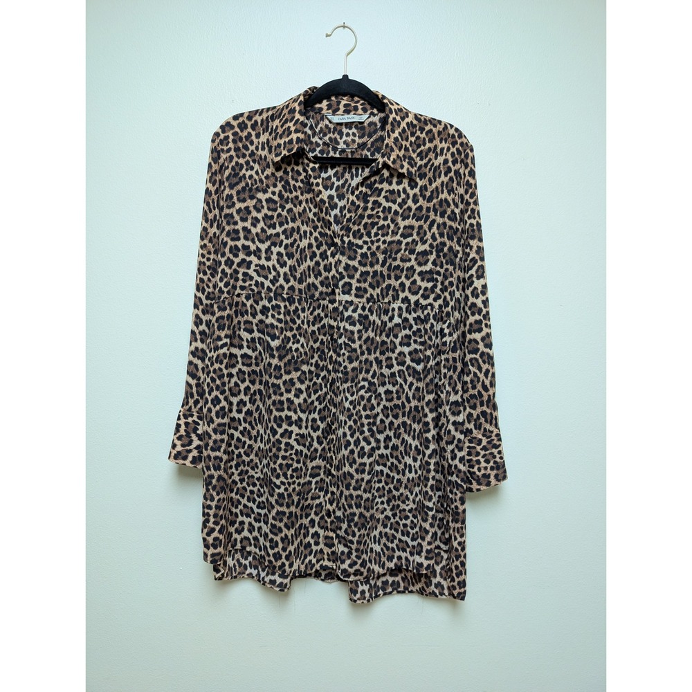 Zara Basic Small Leopard Print Babydoll Tunic Top Brown Black Long Sleeve
